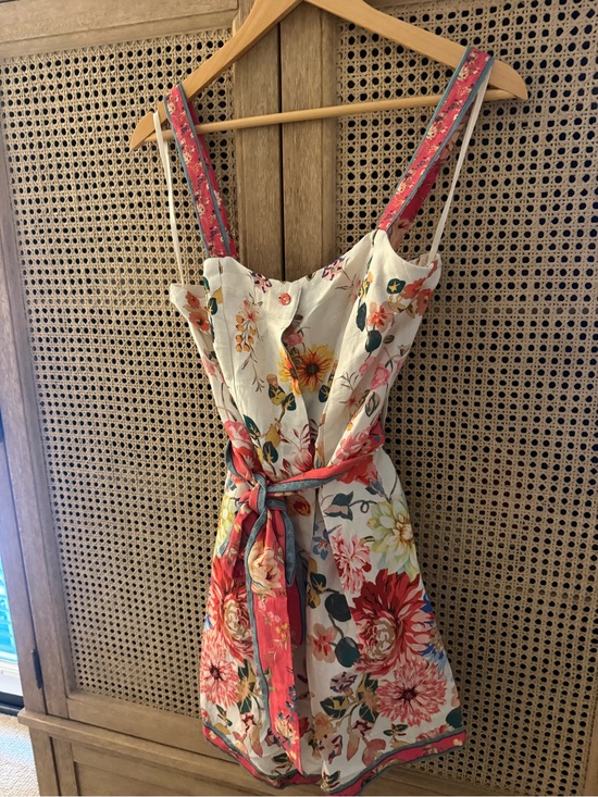 Anthropologie Dresses & Skirts - Anthro Floral Mini Romper in Cream with Coral Trim